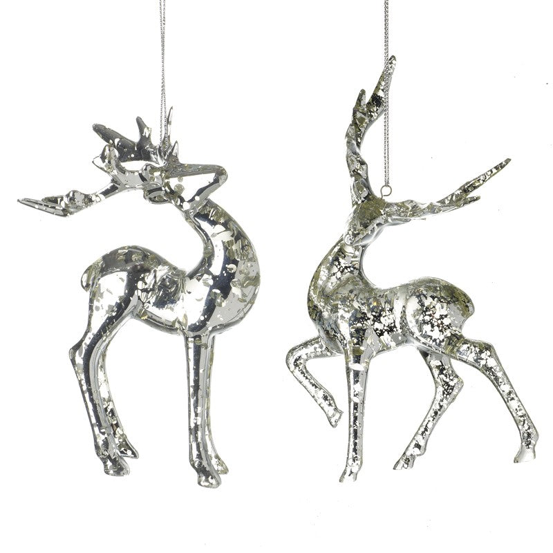 Set of Two Mottled Aged Glass Effect Reindeer/Stag Hanging Decoration