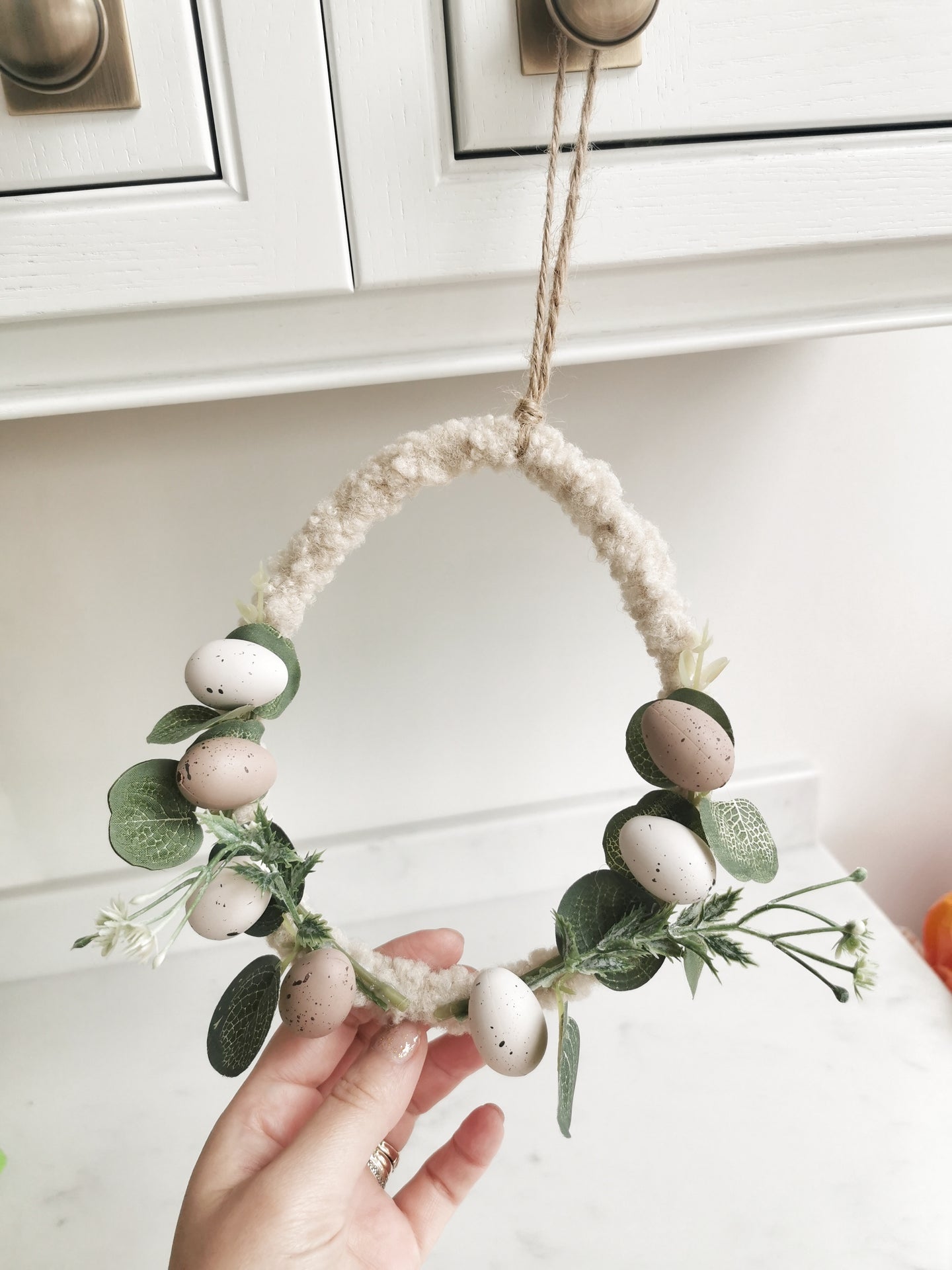 Hanging Easter Boucle Wreath with Pastel Eggs