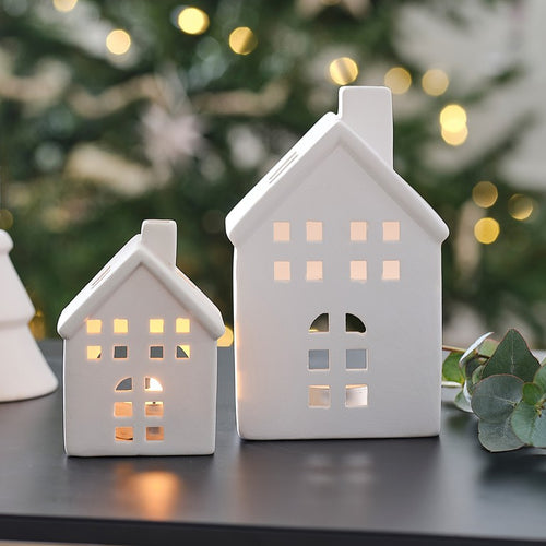 Set of 2 Ceramic White House Tealight Holders
