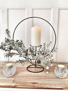 Pinecone and Leaf Hooped Candle Holder with White Berries 