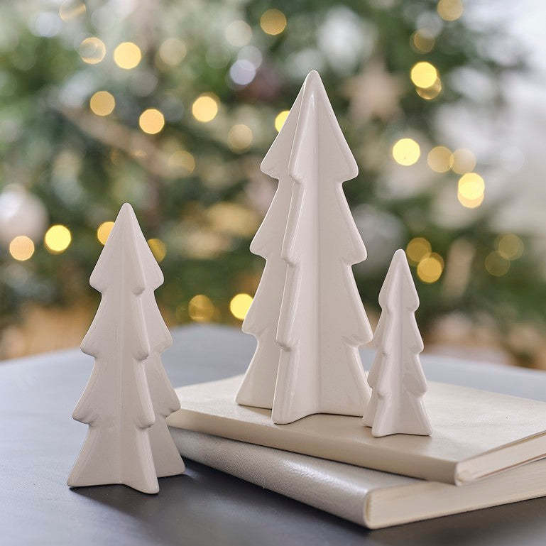 Set of Three White Ceramic Christmas Tree Decorations