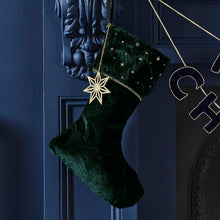 Load image into Gallery viewer, Deep Green Velvet Embroidered Christmas Stocking with Gold Star Charm
