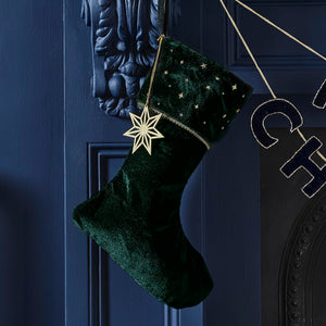 Deep Green Velvet Embroidered Christmas Stocking with Gold Star Charm