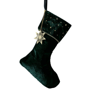 Deep Green Velvet Embroidered Christmas Stocking with Gold Star Charm