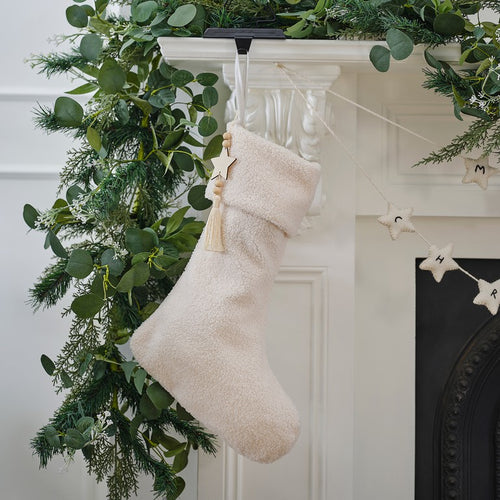 White Boucle Christmas Stocking with Wooden Beads and Star Charm
