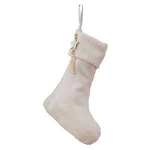 White Boucle Christmas Stocking with Wooden Beads and Star Charm