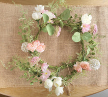 Load image into Gallery viewer, Artifical pink rose and entwined vines hoop wreath 
