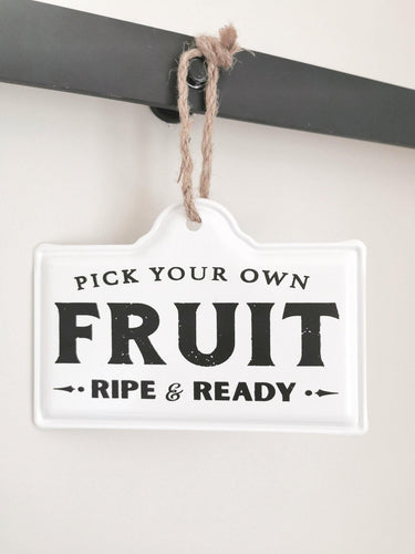 hanging pock your own fruit enamel metal sign