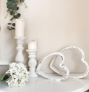 Set of Two White distressed Sleepy Hearts