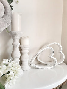 Set of Two White distressed Sleepy Hearts