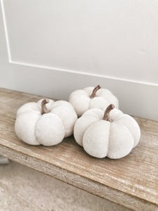 Set of Three White Velvet Pumpkins