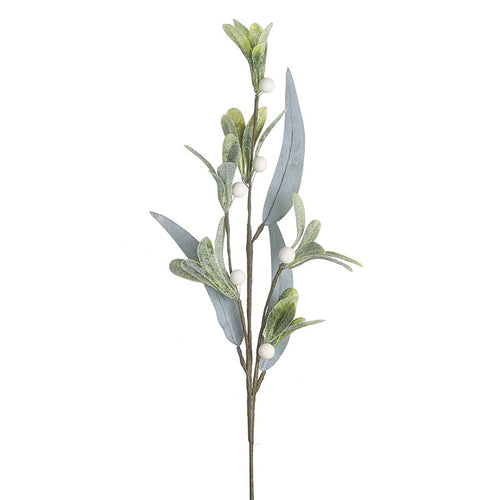 Artificial White Berry Stem with Muted Green Olive Leaves