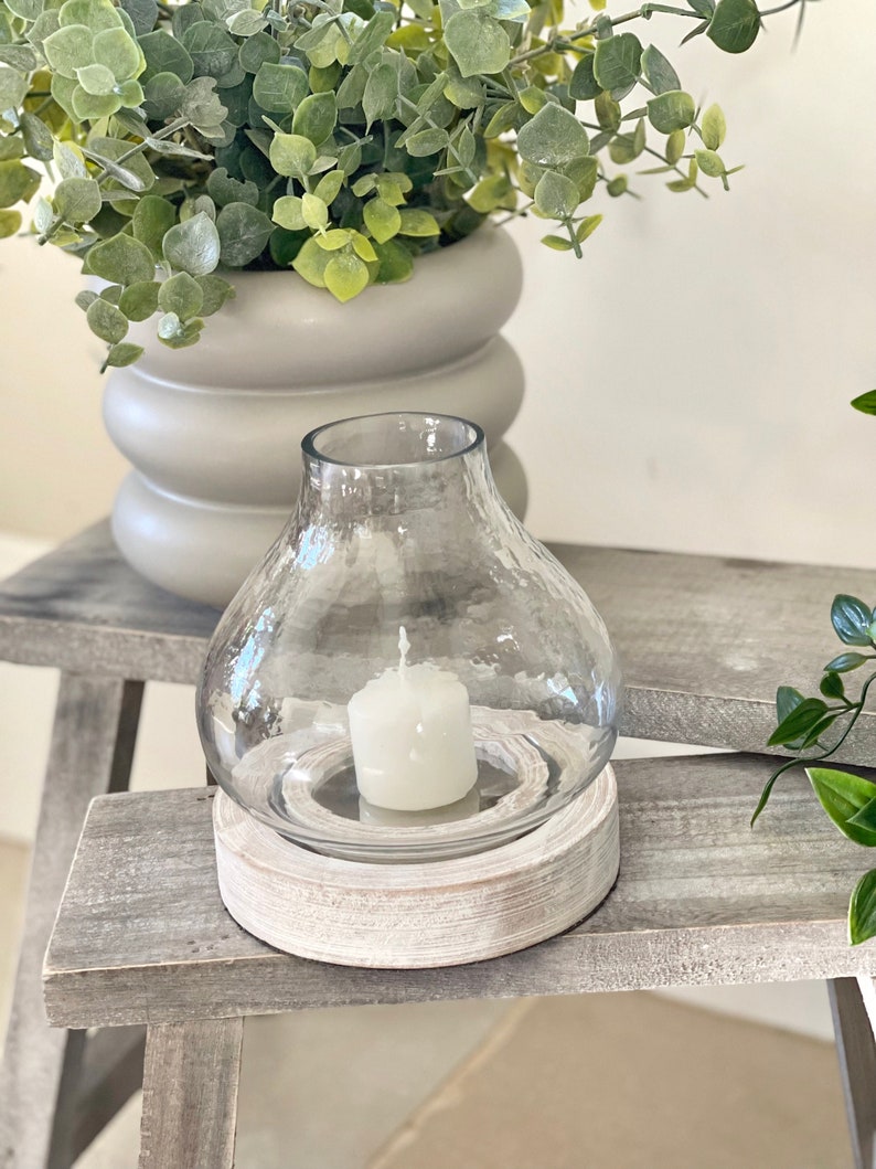 Small White Mango and Glass Hurricane Candle Holder